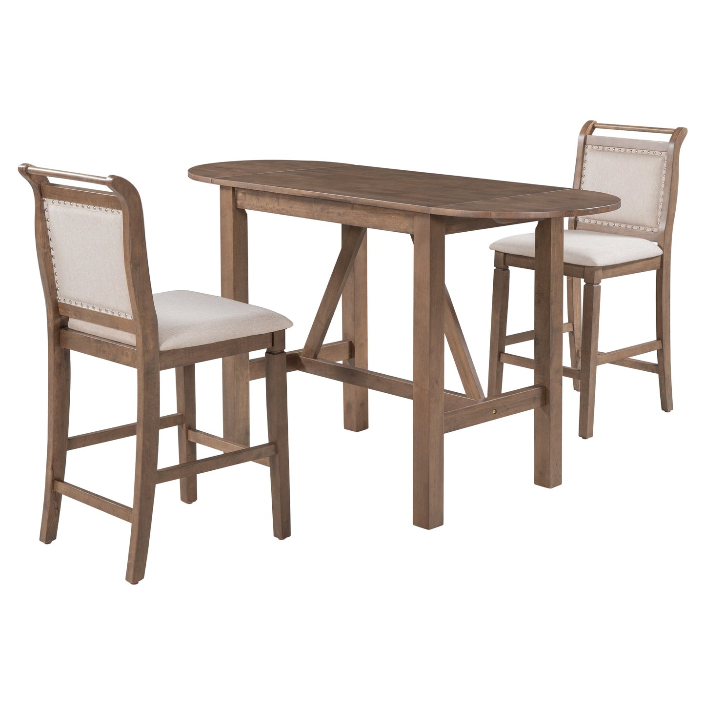 TOPMAX 3-Piece Wood Counter Height Drop Leaf Dining Table Set with 2 Upholstered Dining Chairs for Small Place, Brown - Korvel
