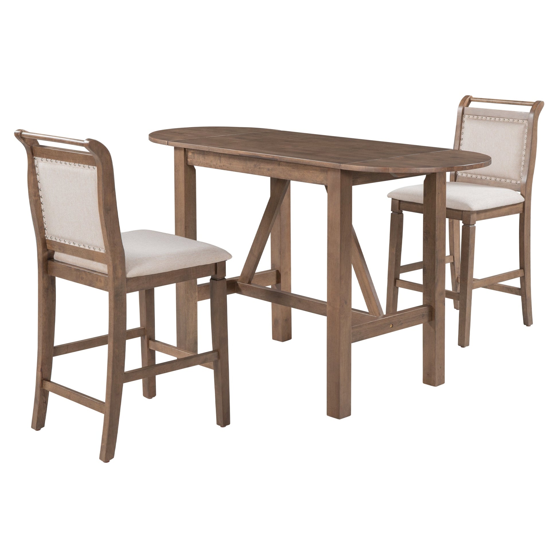 TOPMAX 3-Piece Wood Counter Height Drop Leaf Dining Table Set with 2 Upholstered Dining Chairs for Small Place, Brown - Korvel