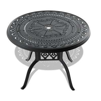 Ø39.37-inch Cast Aluminum Patio Dining Table With Black Frame and Umbrella Hole - Korvel
