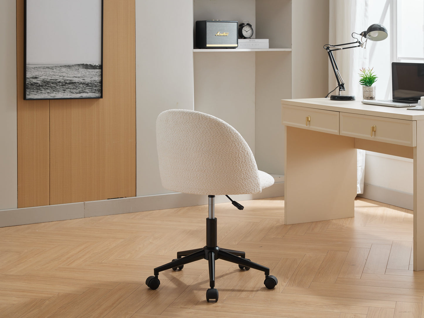 Velvet fabric office chair, mid back adjustable rotating computer chair, black legs, cushioned office chair with wheels ，White - Korvel