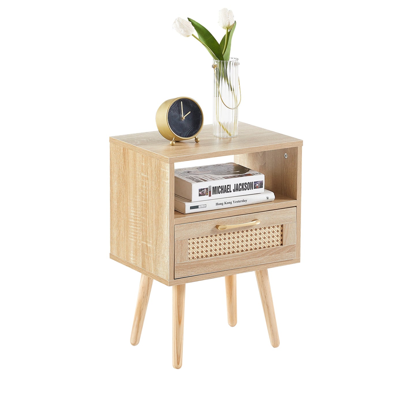 15.75" Rattan End table with drawer and solid wood legs Modern nightstand side table for living room natural - Korvel