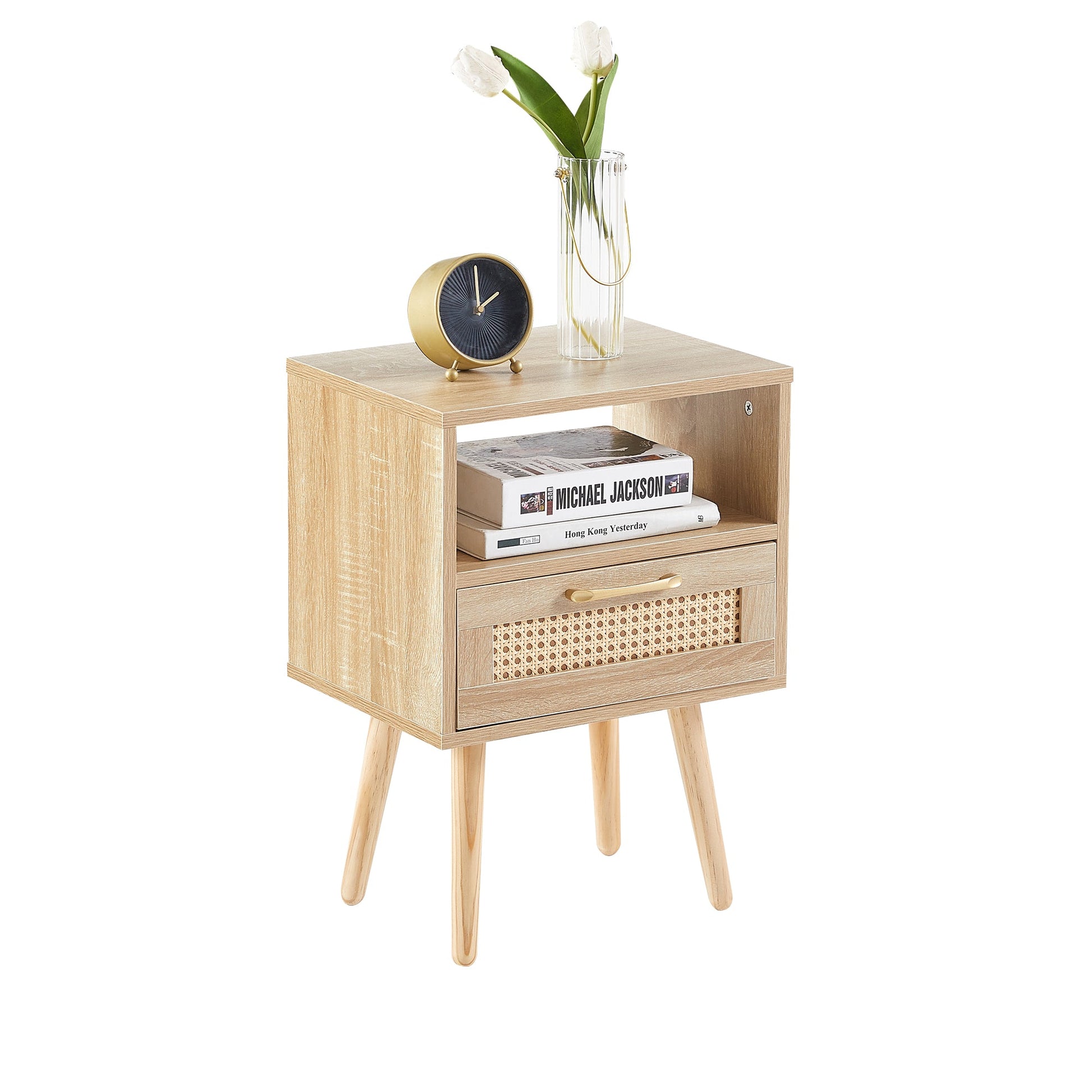 15.75" Rattan End table with drawer and solid wood legs Modern nightstand side table for living room natural - Korvel