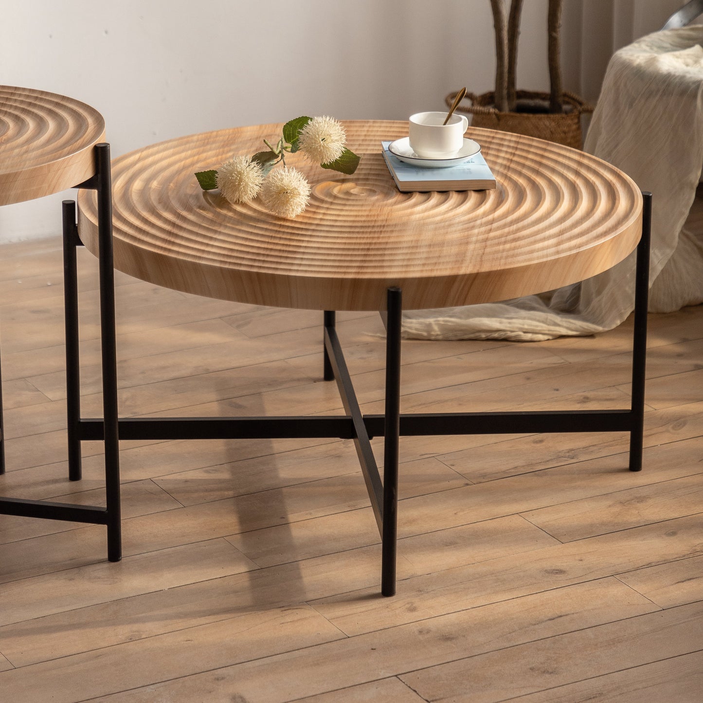 Modern Thread Design Round Coffee Table MDF Table Top with Cross Legs Metal Base(Set of 2 pcs ) - Korvel