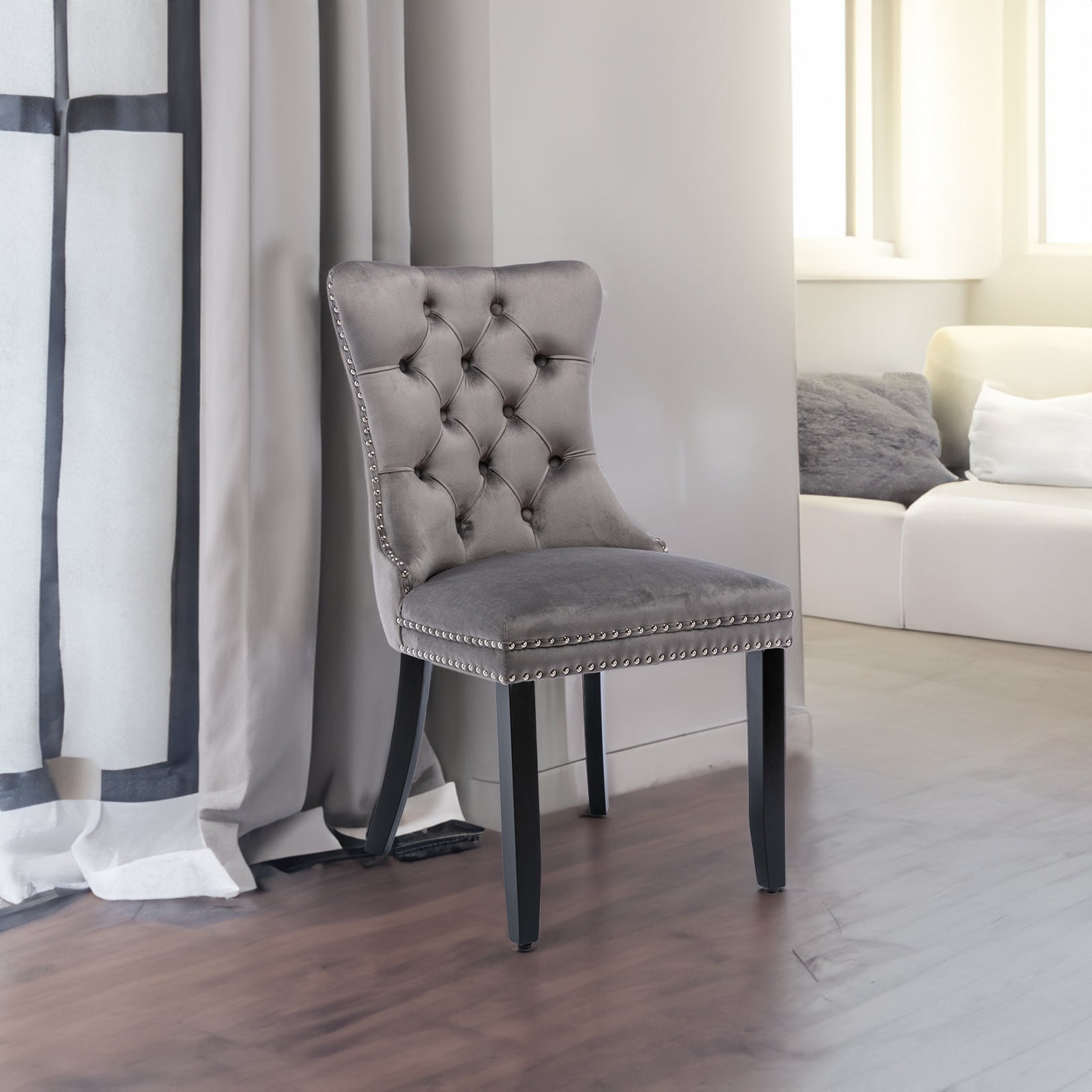 Modern high-end plush solid wood velvet cushioned dining chair with wooden leg nail head decoration, two piece set in gray - Korvel
