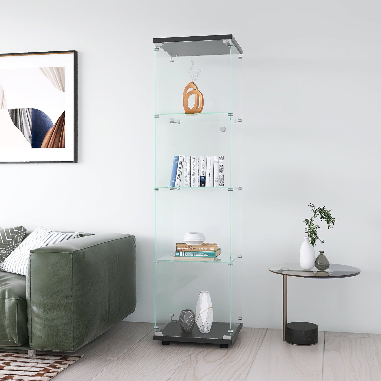 Elegante vitrina de vidrio negro con estantes de puerta