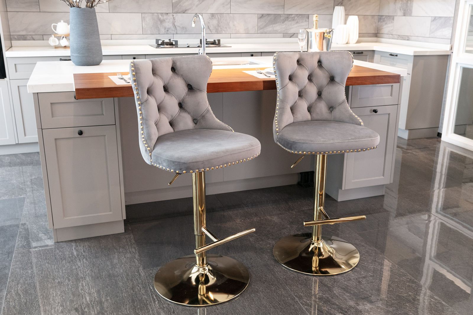 Adjusatble Seat Height from 25-33 Inch, Modern Upholstered Bar Stools with Backs Comfortable Tufted for Home Pub and Kitchen Is - Korvel