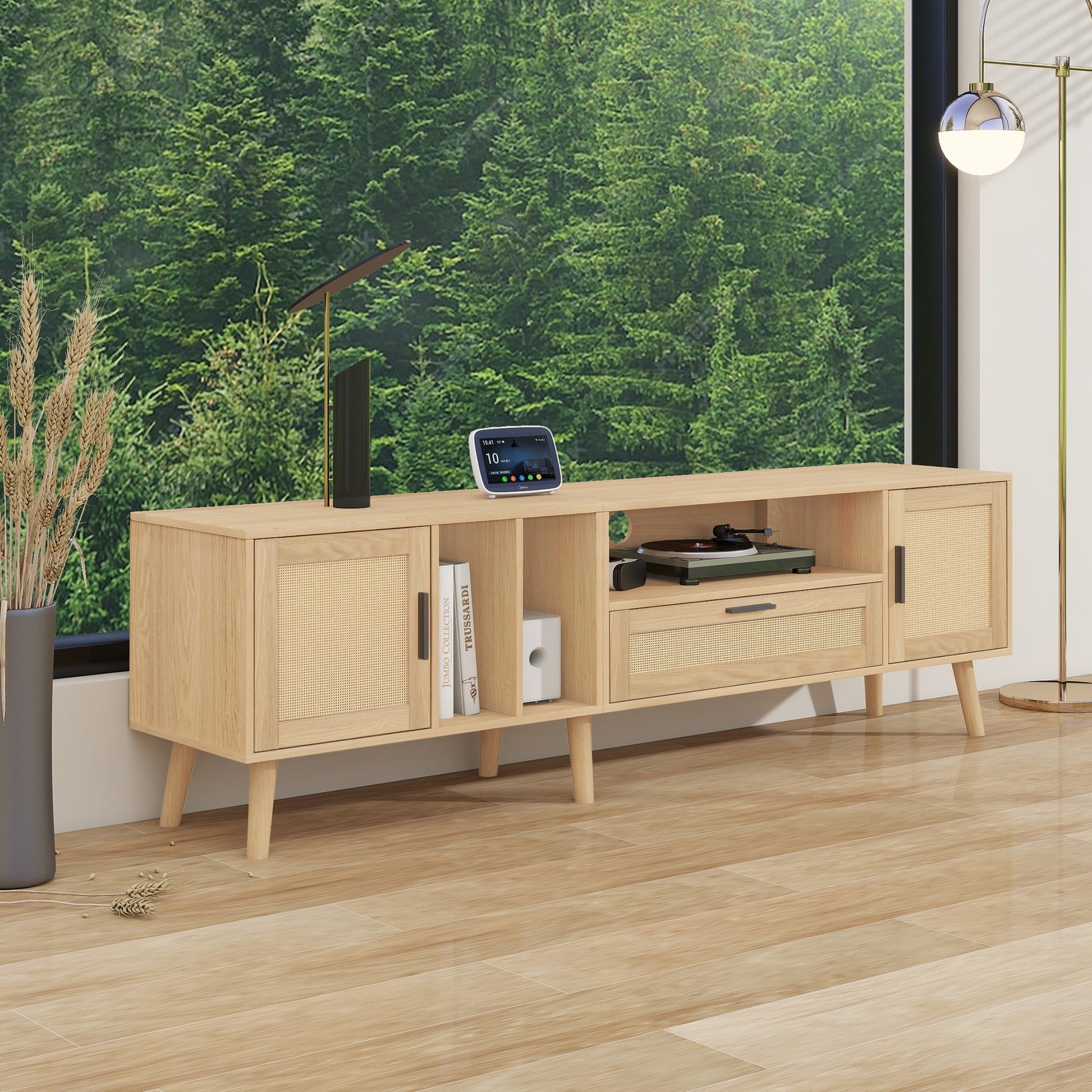 Vine TV stand with 2 cabinets and 2 open shelves, suitable for TVs under 80 inches, with solid wood legs for TV cabinets - Korvel