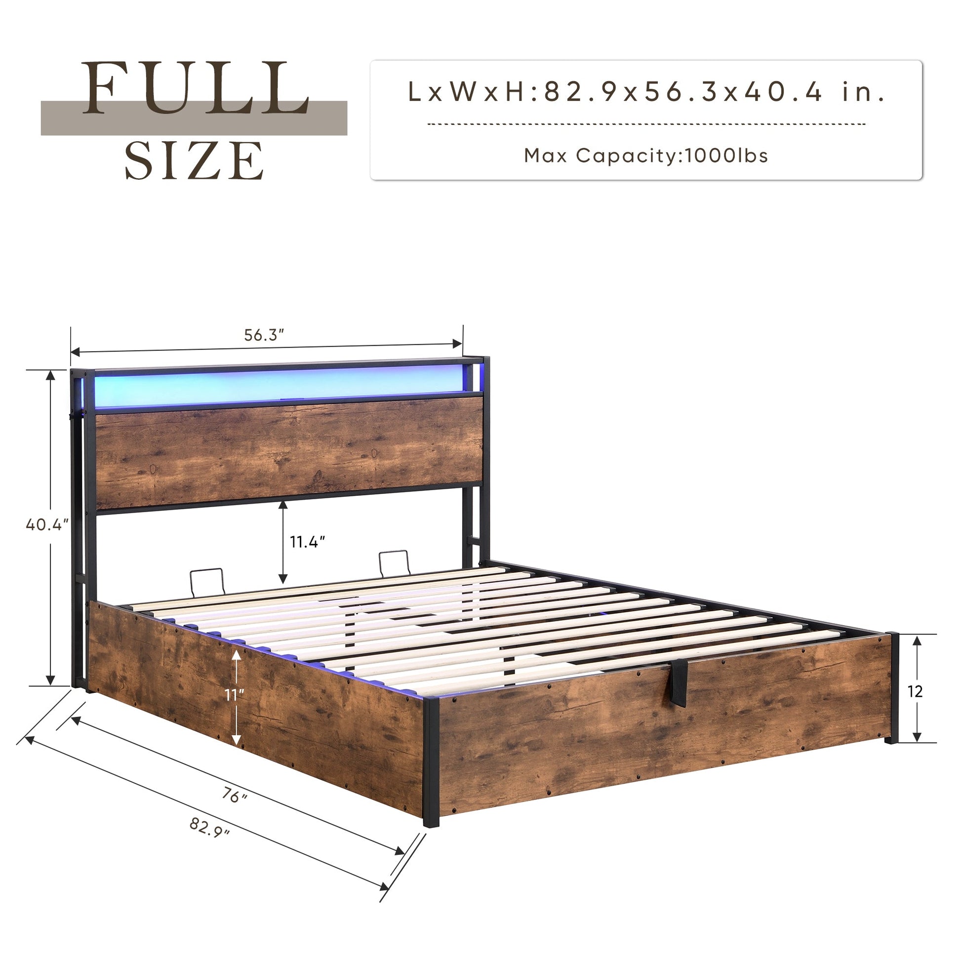 Elevating storage bed frame, full-size bed frame with bookshelf headboard and LED lights, with country brown color - Korvel