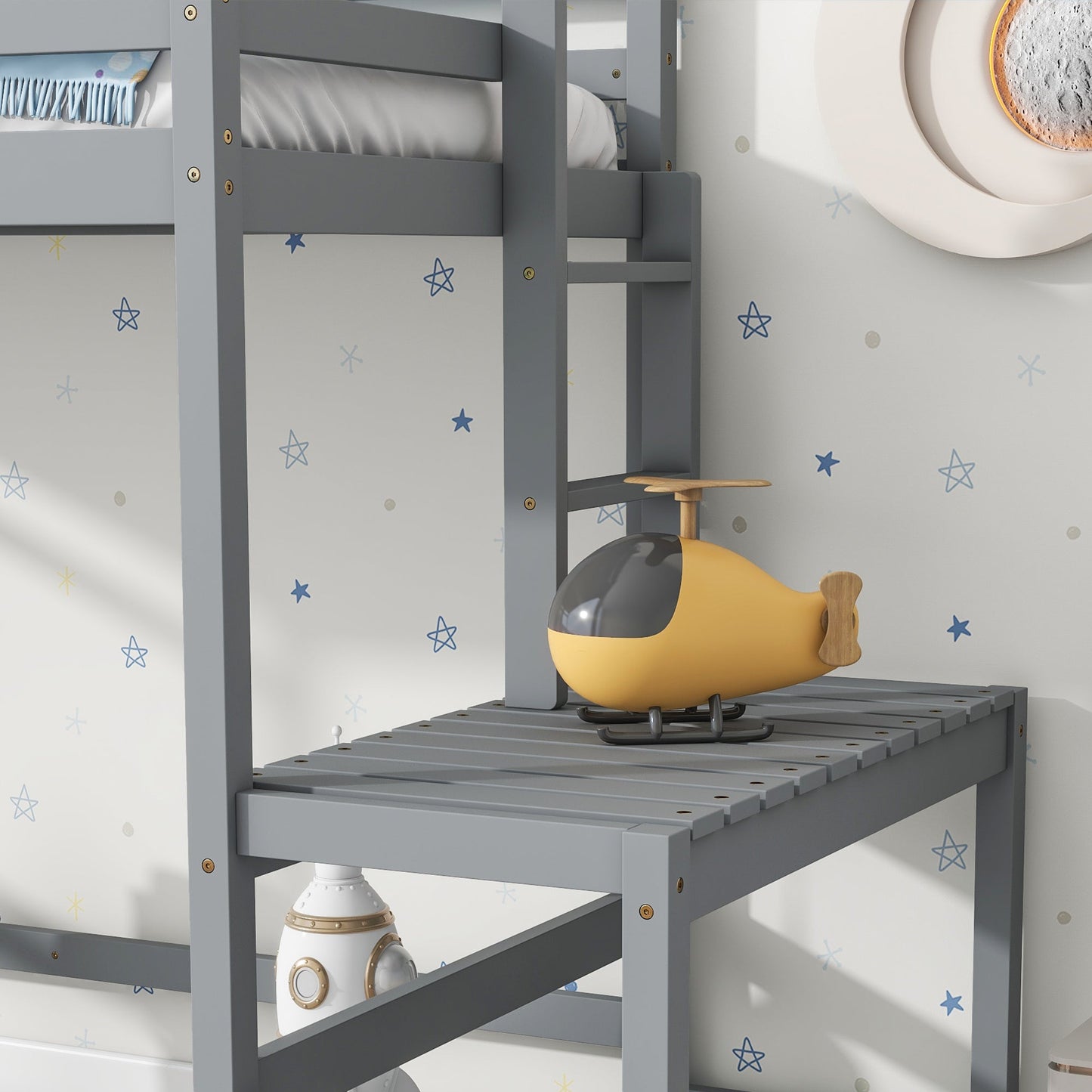Twin High Loft Bed with Ladder landing Platform, Ladders, Guardrails,Grey - Korvel