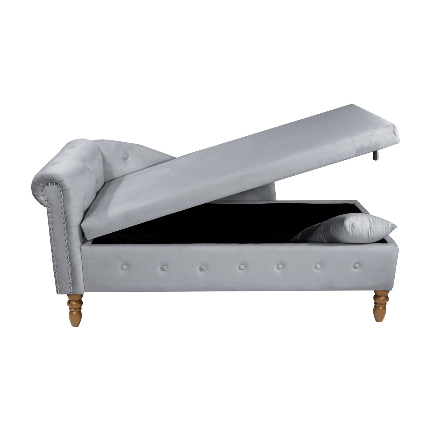 Chaise longue en velours gris avec rangement et coussin