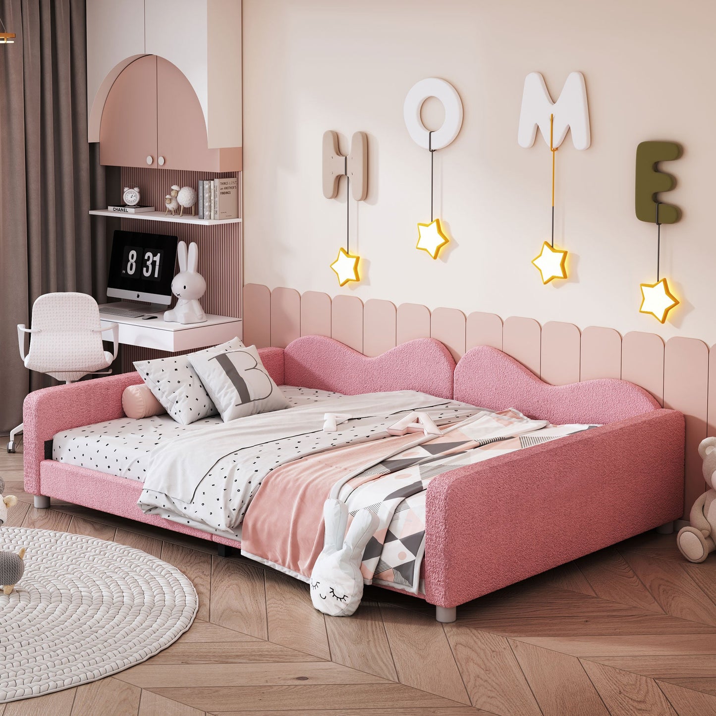 Lit de jour rembourré de taille normale en rose avec dossier en forme de nuage
