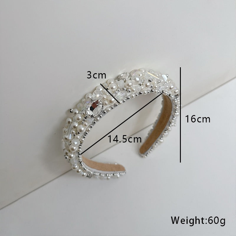 New handmade beaded crystal pearl retro exaggerated internet celebrity hot selling thin edge hair accessories - Korvel