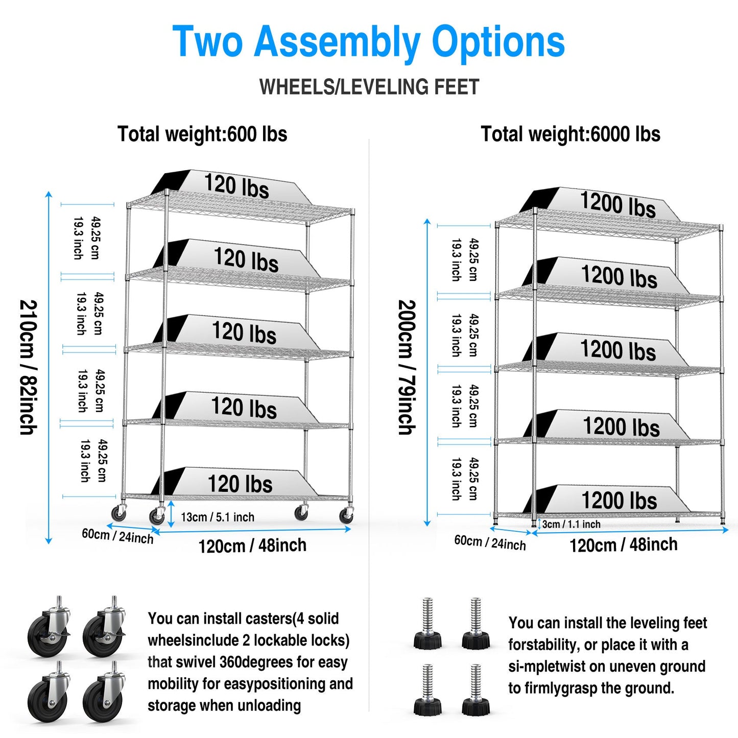 5 Tier 6000lbs Heavy Duty Adjustable Storage Rack Metal Shelf Wire Shelving Unit Chrome - Korvel