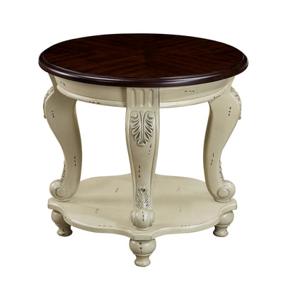 22 inch dual tone round head table, solid wood sofa side table with shelf, white and cherry tabletop - Korvel