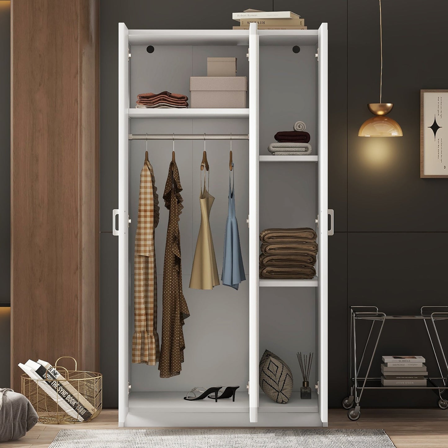 3 Door Wardrobe with Mirror, Armoire with Hanging Rod and 3 Fixed Shelves,White - Korvel