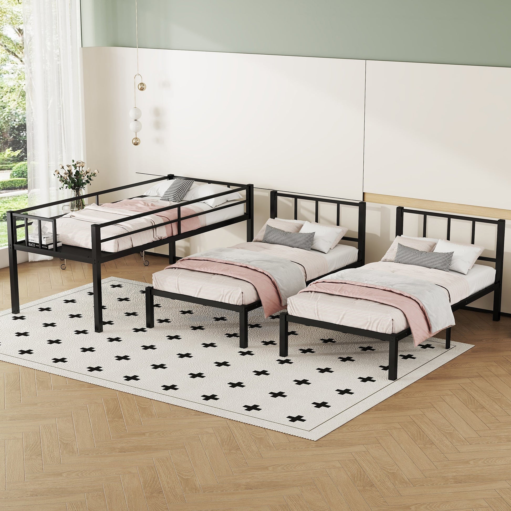 Twin over Twin & Twin Bunk Beds for 3, Twin XL over Twin & Twin Bunk Bed Metal Triple Bunk Bed, Black - Korvel