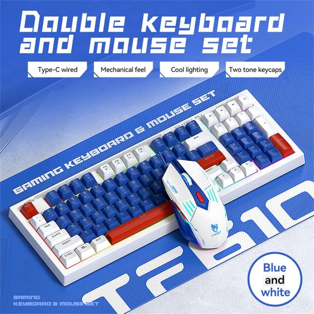 T-WOLF TF610 Keyboard and Mouse Game Keyboard and Mouse Set Mech Style Wired Esports Double Color White and Blue - Korvel