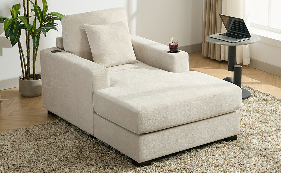 39.7" Oversized Chaise Lounger Modern Style Sofa Couch ,with Pillows, Charge Station & Cup Holders, Chenille Fabric, Cream - Korvel