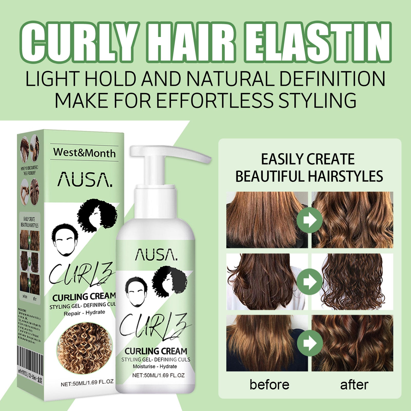 Curly Hair Elastin, Moisturizing Curly Hair Styling Fluffy Elastic Strong Hair Smoothing Frizz And Hair Care - Korvel