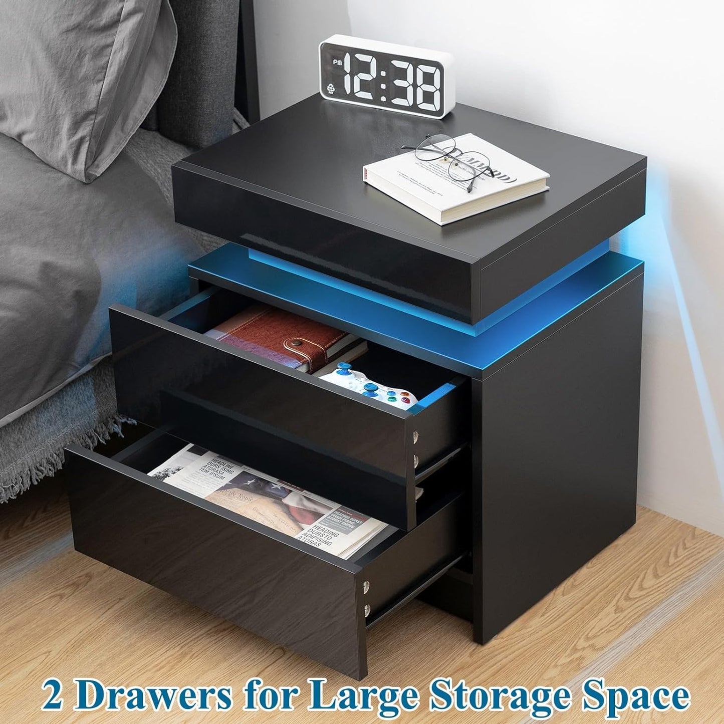 Modern Black LED Nightstand with Led Lights Bedside table with 2 High Gloss Drawers for Bedroom - Korvel