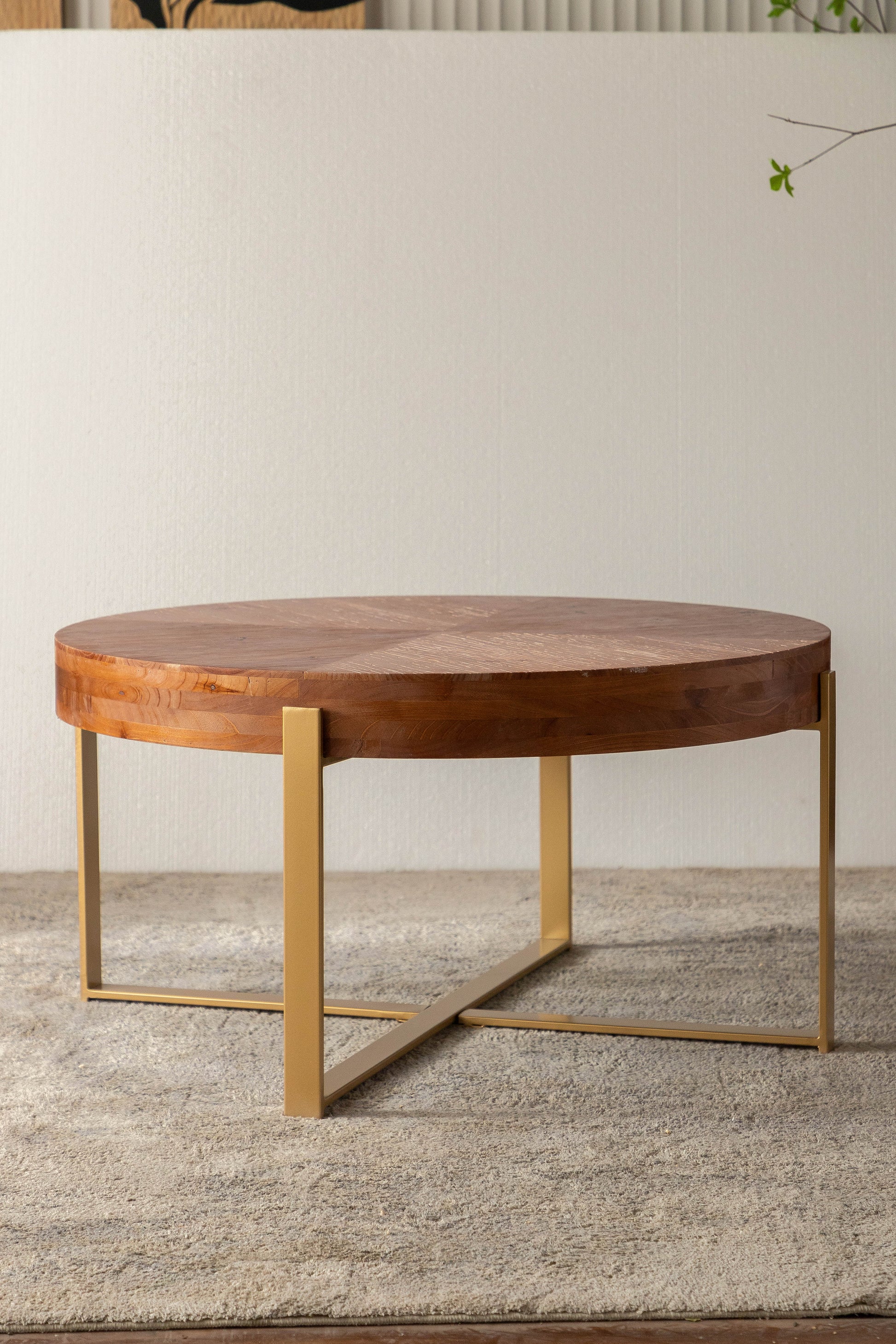 33.86"Modern Retro Splicing Round Coffee Table Fir Wood Table Top with Gold Cross Legs Base(Same SKU:W757126236) - Korvel