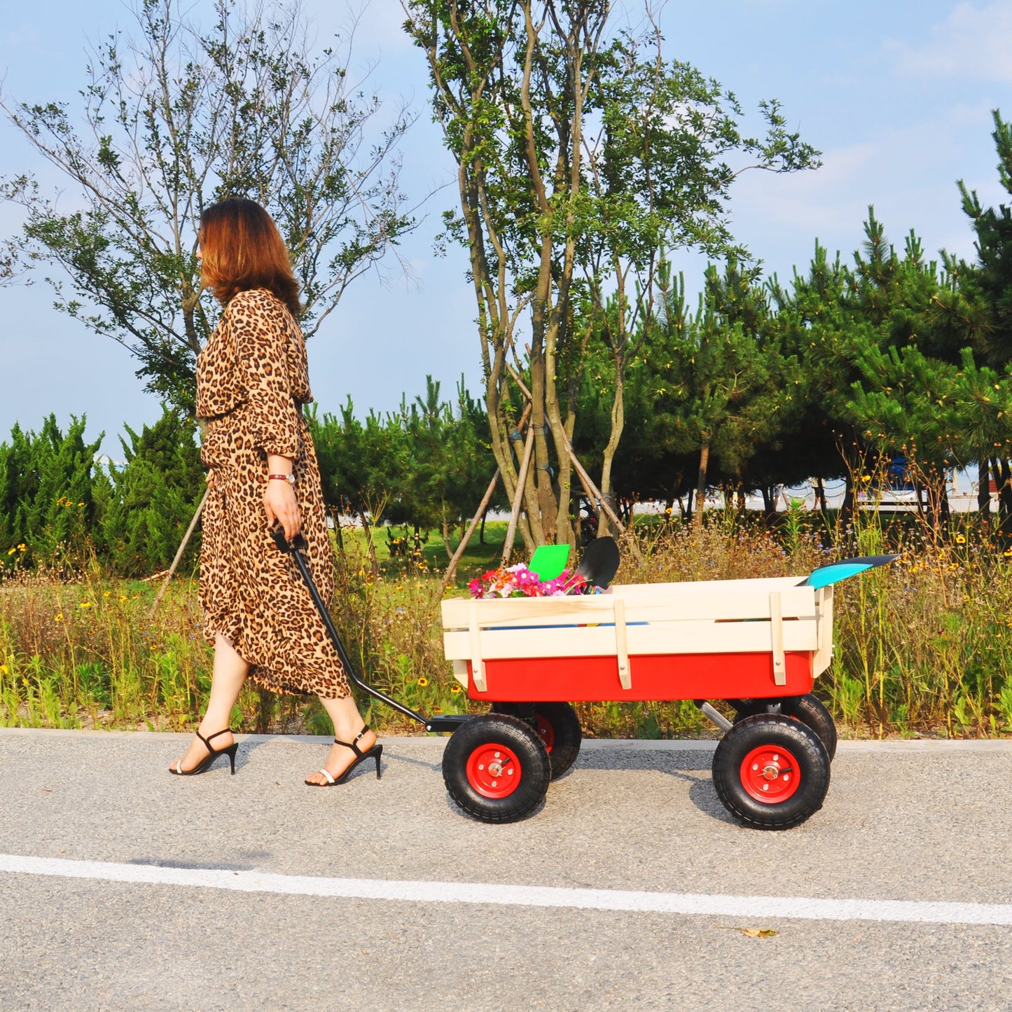 Outdoor Wagon All Terrain Pulling w/Wood Railing Air Tires Children Kid Garden（Red） - Korvel