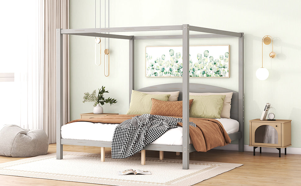 King Size Canopy Platform Bed with Headboard and Support Legs, Grey Wash - Korvel