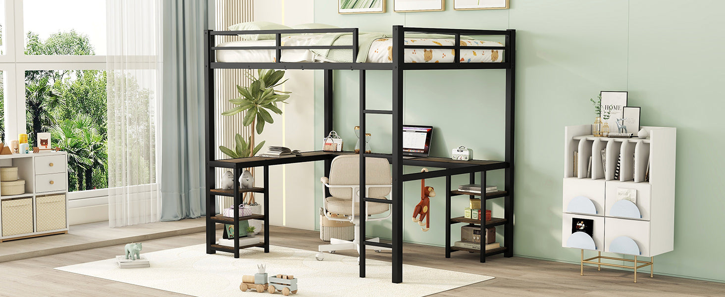 Full Metal Loft Bed with Desk and Shelves, Loft Bed with Ladder and Guardrails, Loft Bed Frame for Bedroom, Black - Korvel