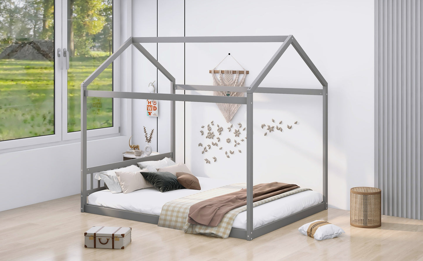 Queen Size Wooden House Bed with Headboard Gray - Korvel