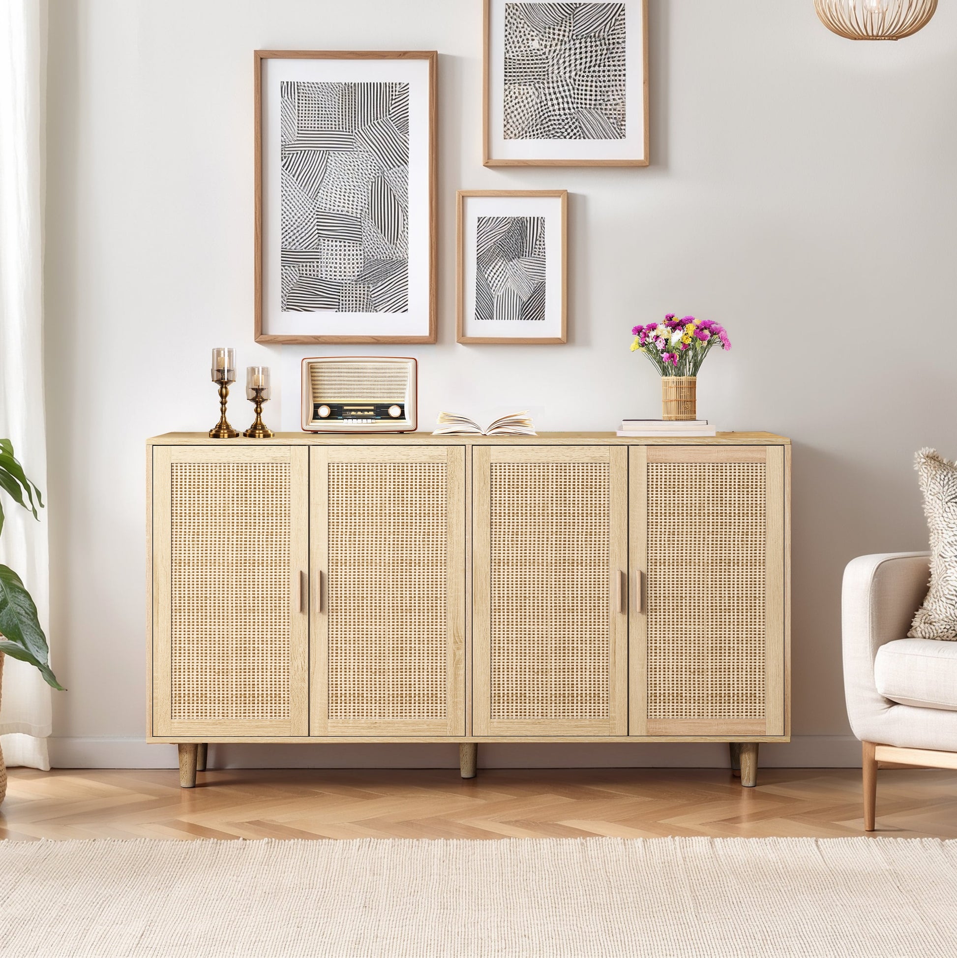 62.20"Elegant and Functional 4-Door Rattan Decorative Storage Cabinet,for Bedroom,Living Room,Office,Easy Assembl - Korvel