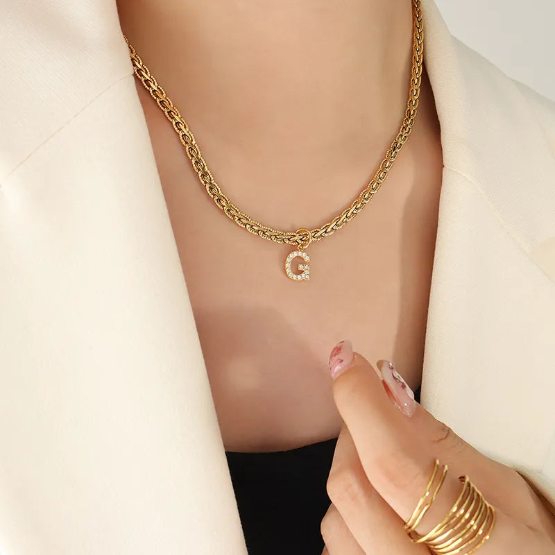 Brass Inlaid Zircon Letter Pendant Necklace - Korvel
