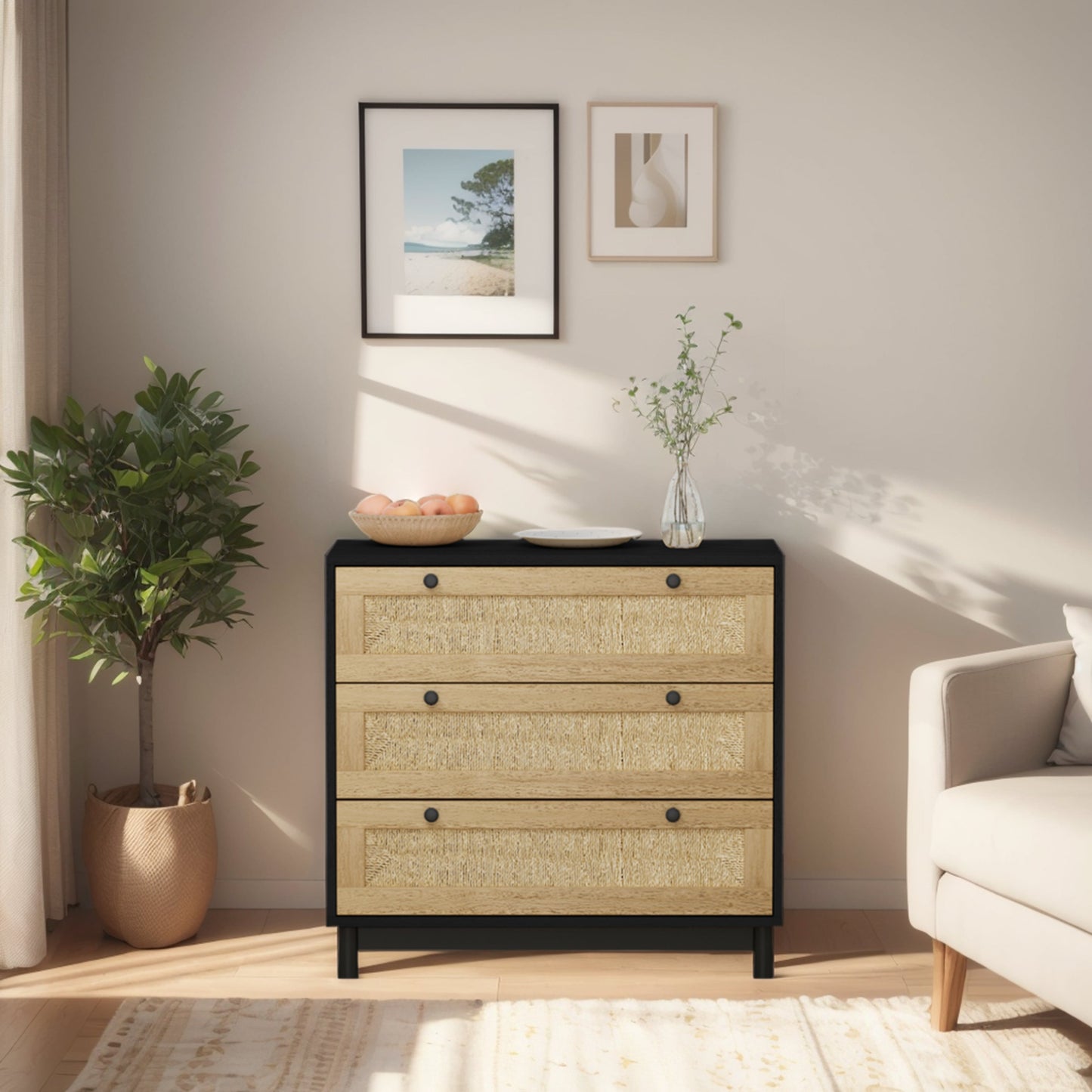 Elegante gabinete de almacenamiento de 3 cajones con cajones tejidos de cuerda