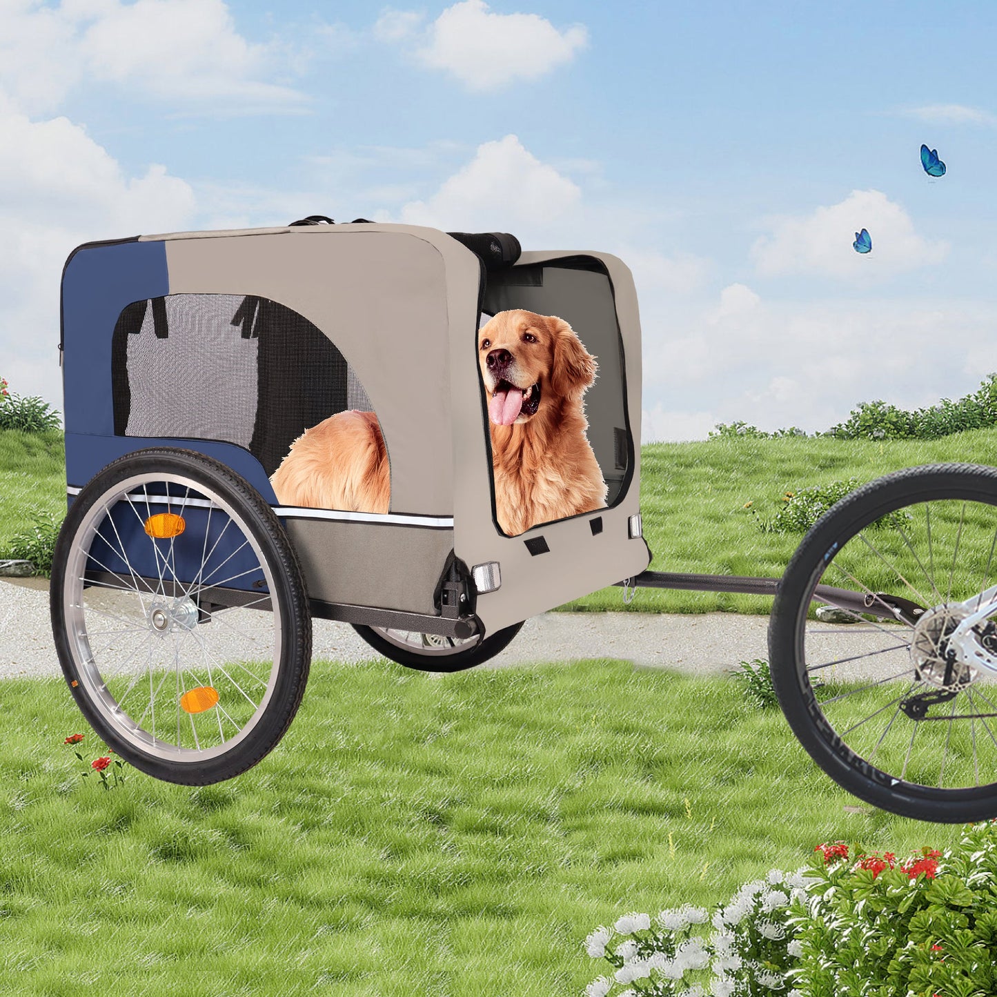 Tangkula Dog Bike Trailer Breathable Mesh Dog Cart with 3 Entrances Safety Flag 8 Reflectors - Korvel