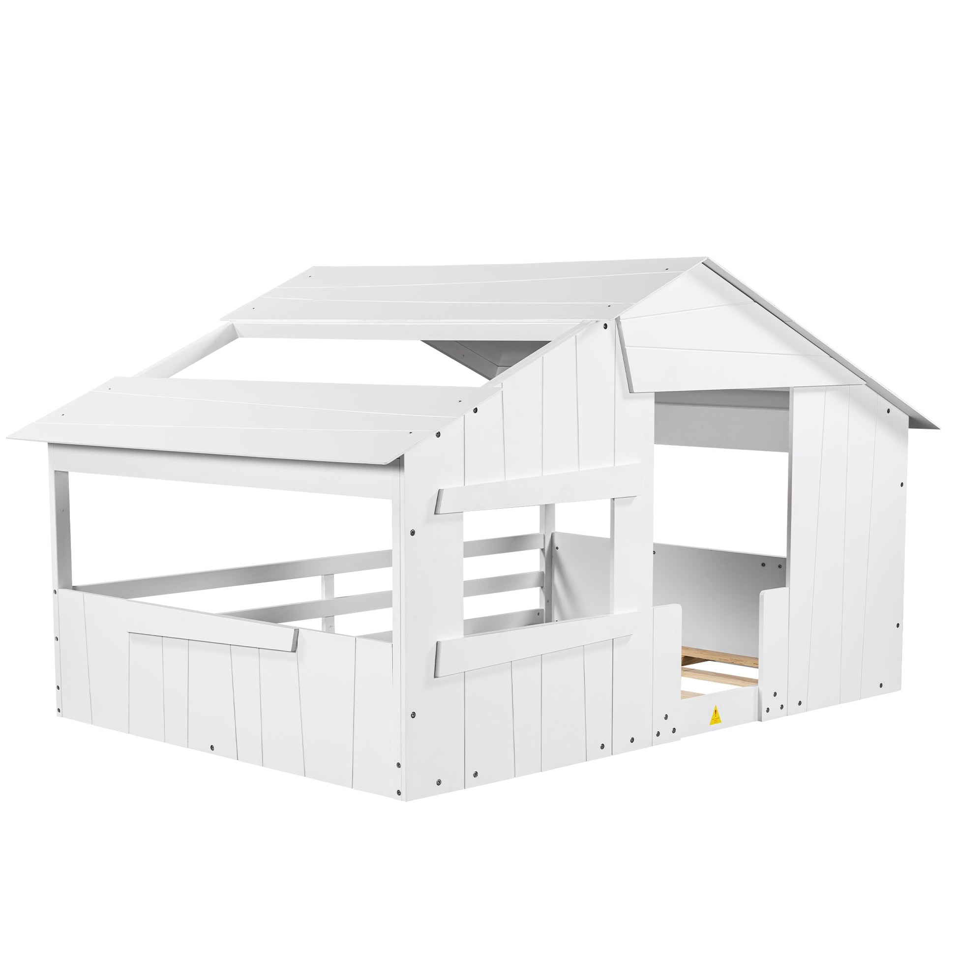 Wood Full Size House Bed with Roof, Window and Guardrail White - Korvel
