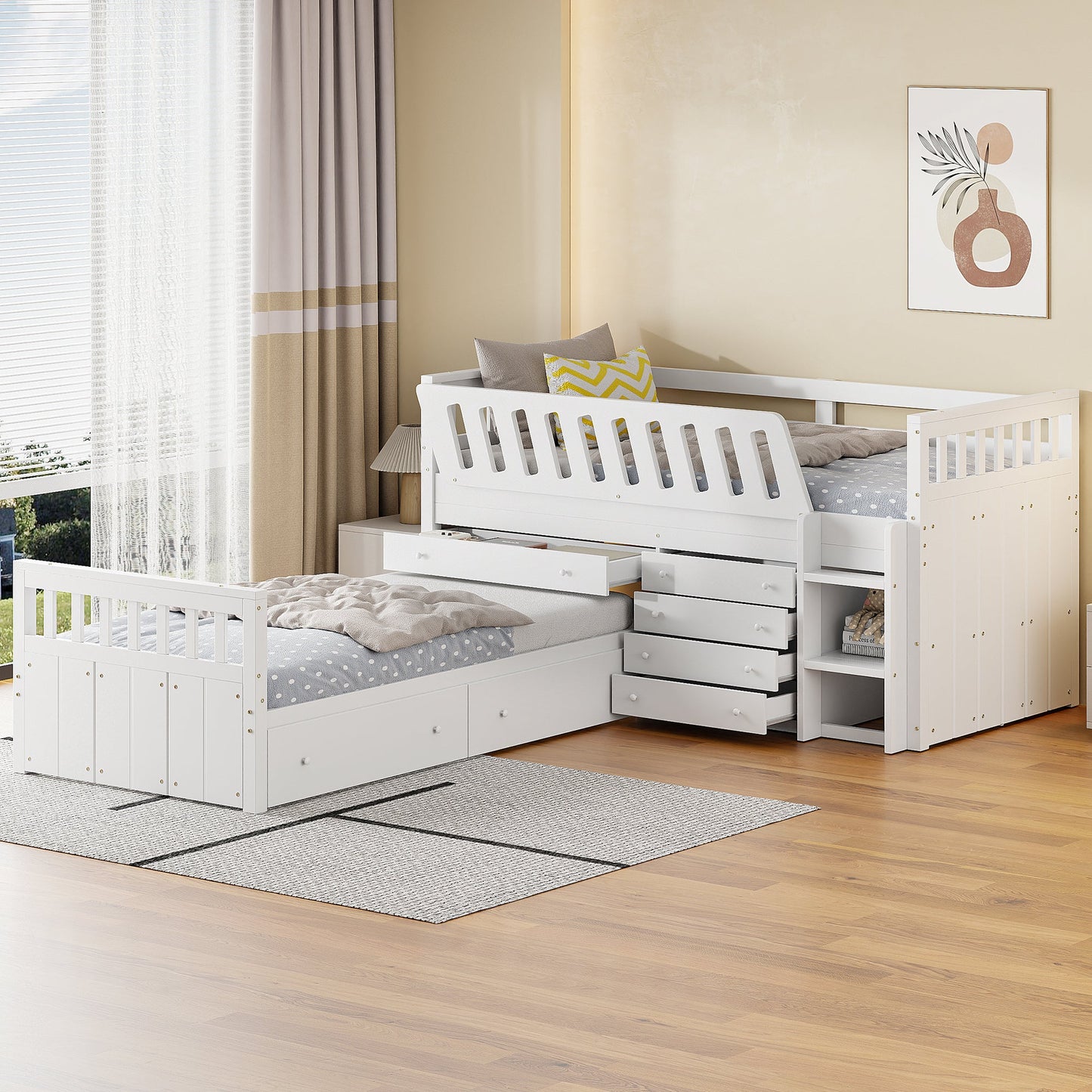 Cama loft twin en forma de L que ahorra espacio con 7 cajones - Blanca