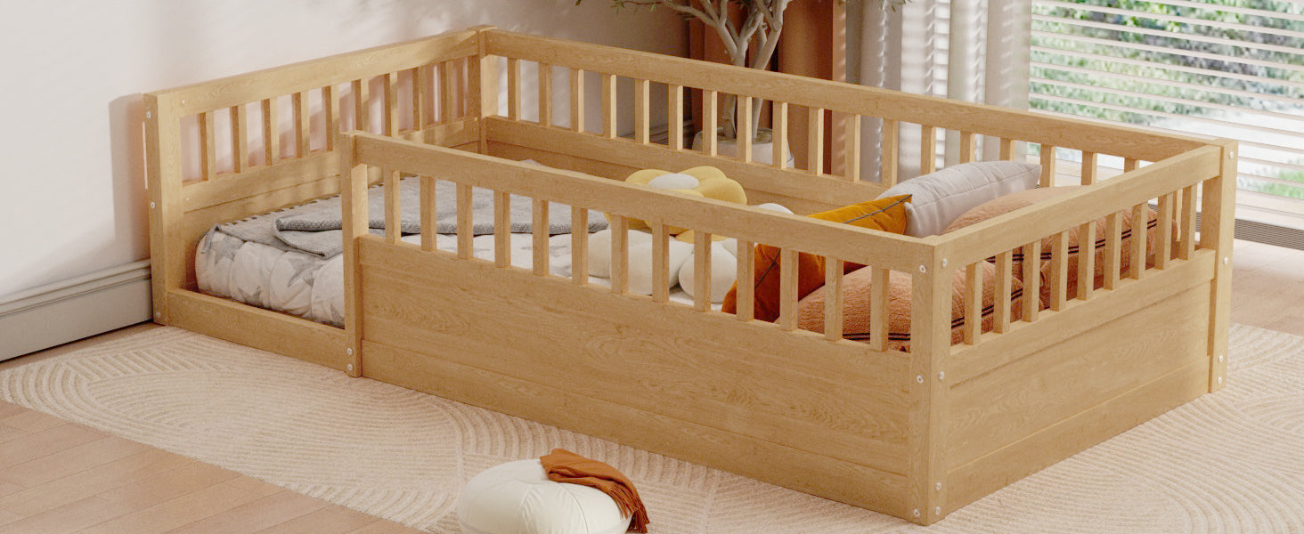 Twin Floor Bed Frame with Fence, Wood Kids Floor Beds Frame for Bedroom Playroom,Natural - Korvel