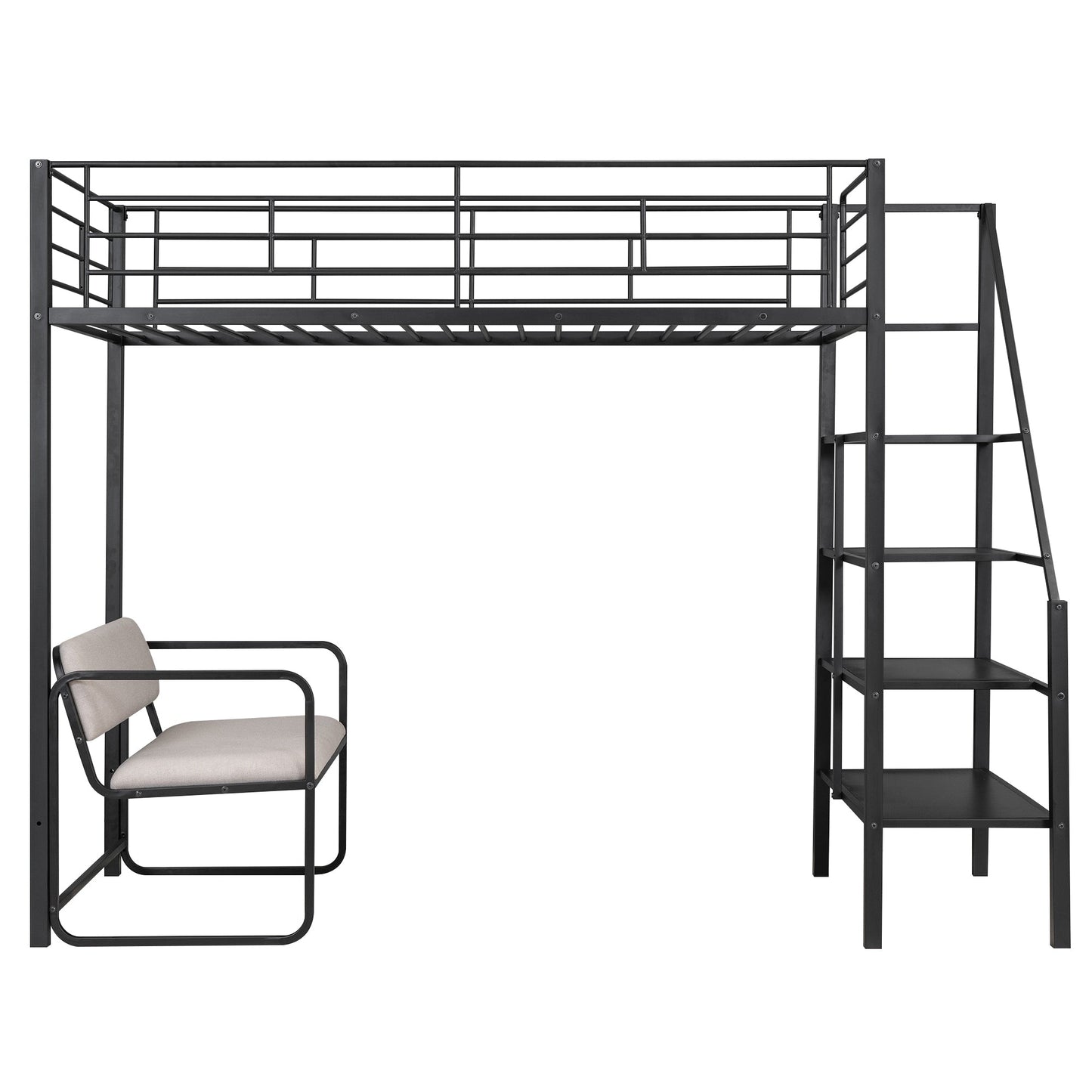 Twin Size Metal Loft Bed with Bench and Storage Staircase  Black - Korvel