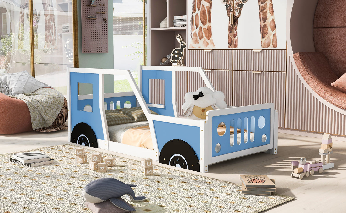 Twin Size Classic Car-Shaped Platform Bed with Wheels - Blue