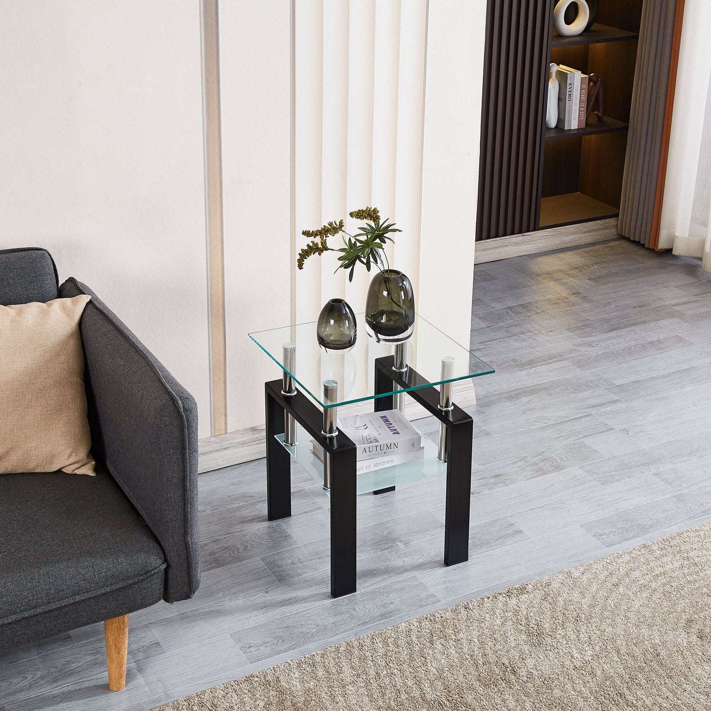 Tempered Transparent Glass End Table 2-Layers Small Table with Storage Living Room Side Table - Korvel