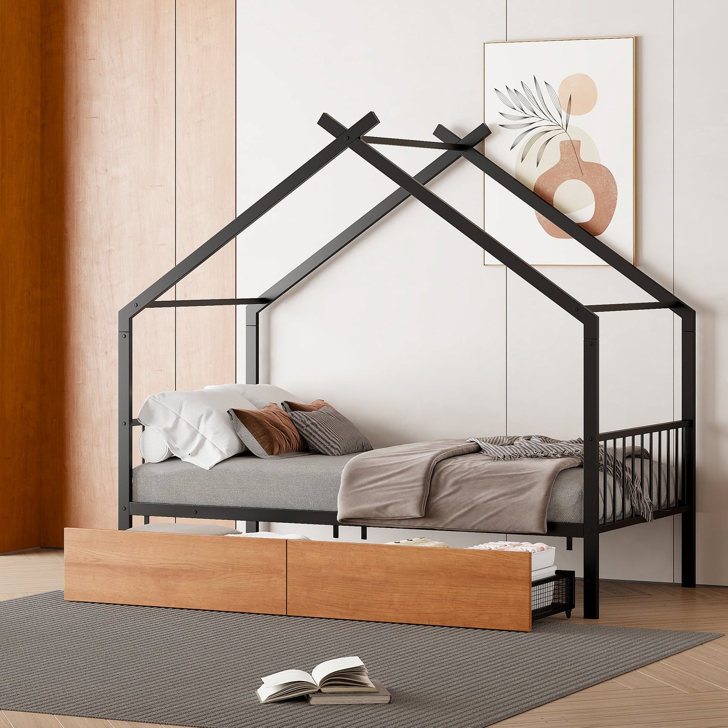 Twin Size Metal House Bed with Two Drawers - Black