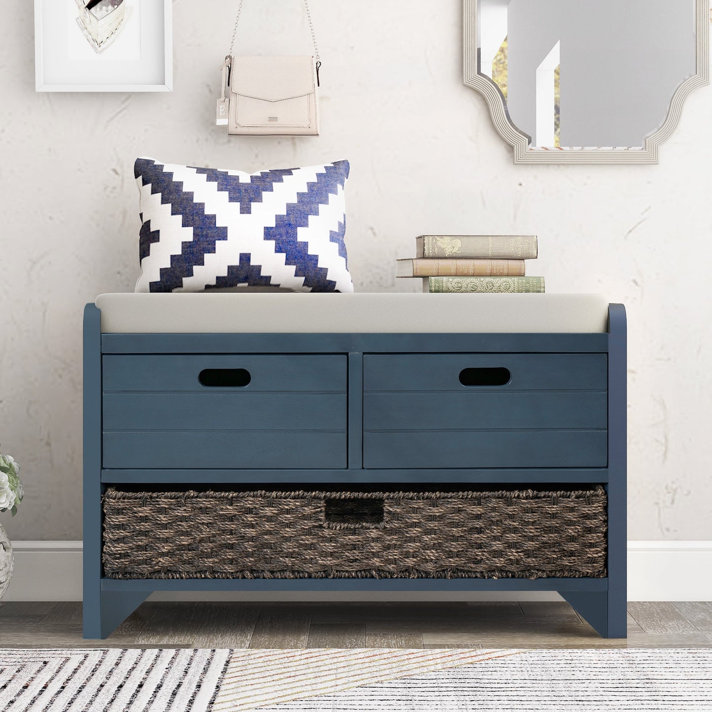 TREXM Storage Bench with Removable Basket and 2 Drawers, Fully Assembled Shoe Bench with Removable Cushion (Navy) - Korvel