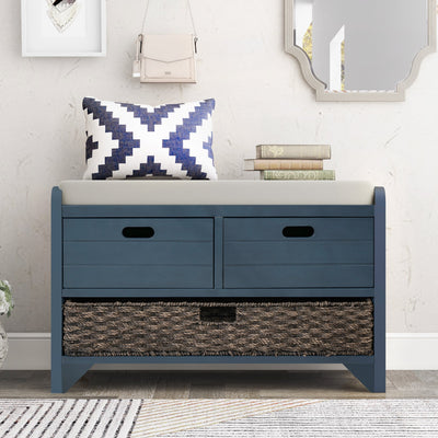 TREXM Storage Bench with Removable Basket and 2 Drawers, Fully Assembled Shoe Bench with Removable Cushion (Navy) - Korvel