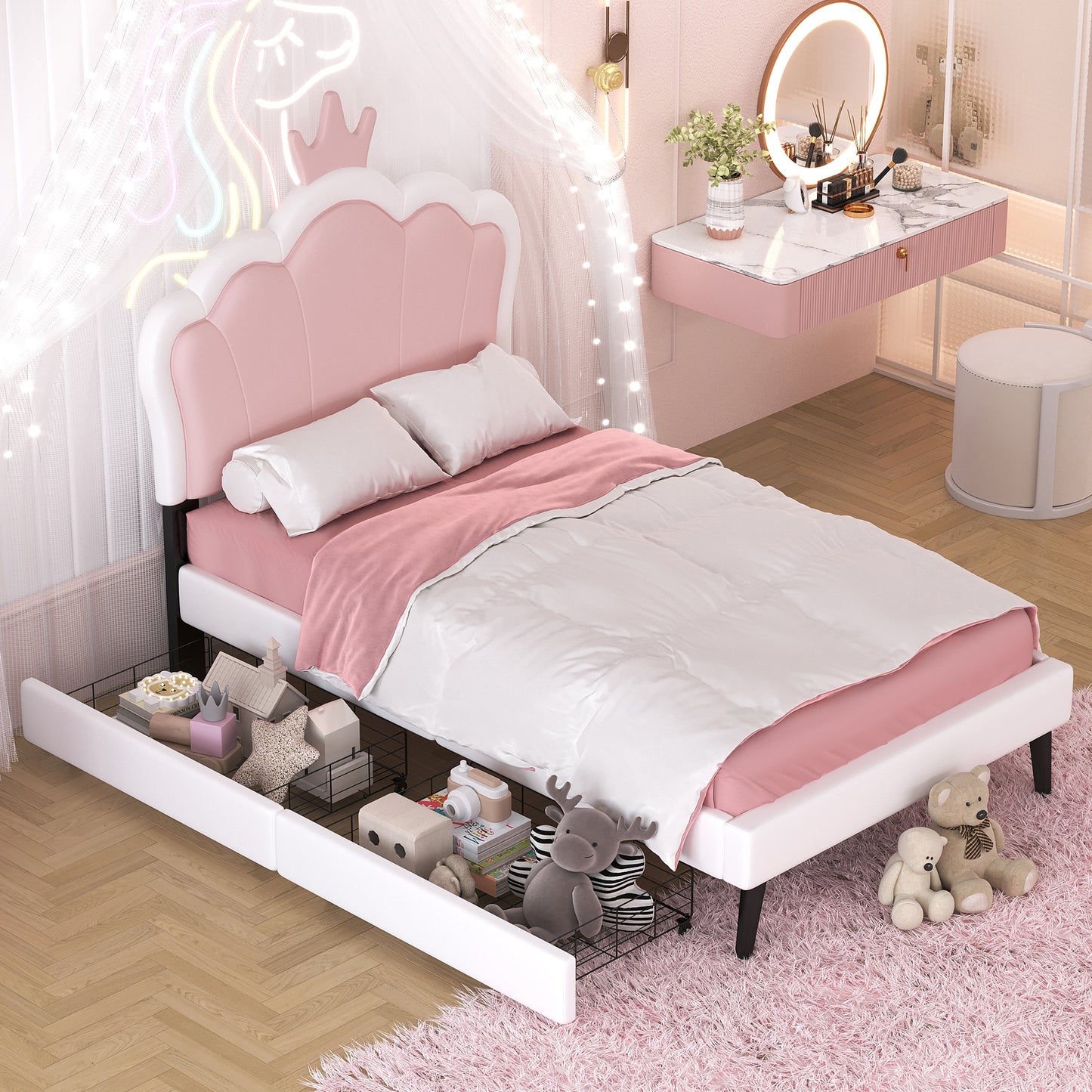 Twin Size Upholstered Princess Bed with Crown Headboard