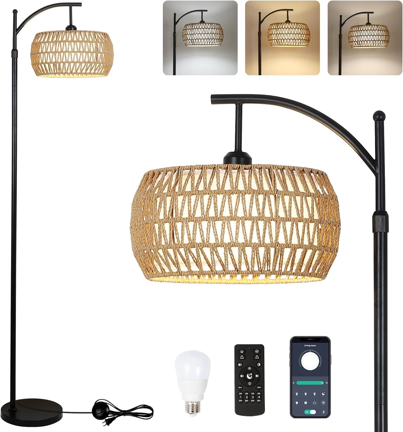 Arc Floor Lamp with Remote Control, Dimmable LED Floor Lamp with 3 Color Temperature Boho Farmhouse Tall Pole Lamp - Korvel