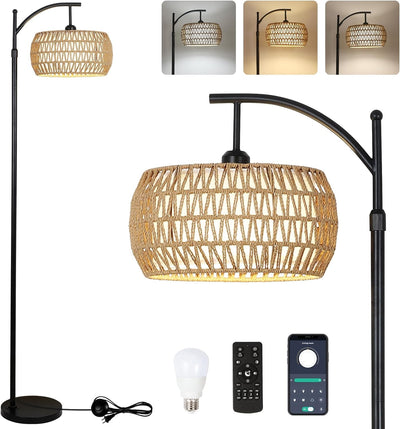 Arc Floor Lamp with Remote Control, Dimmable LED Floor Lamp with 3 Color Temperature Boho Farmhouse Tall Pole Lamp - Korvel