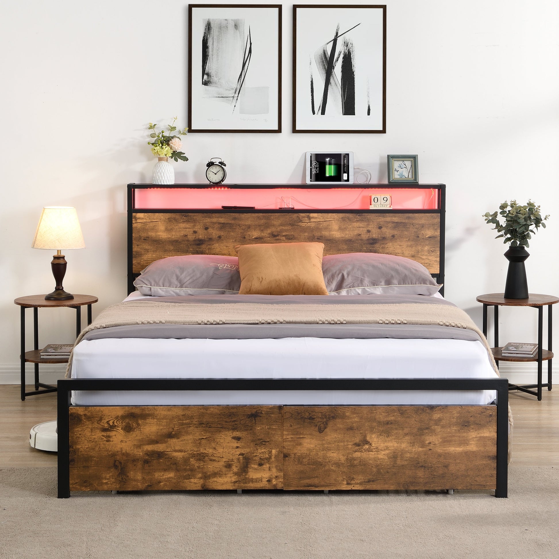 Full size bedstead with storage headboard and 2 drawers, LED light bed with charging station, metal Flat noodles support - Korvel
