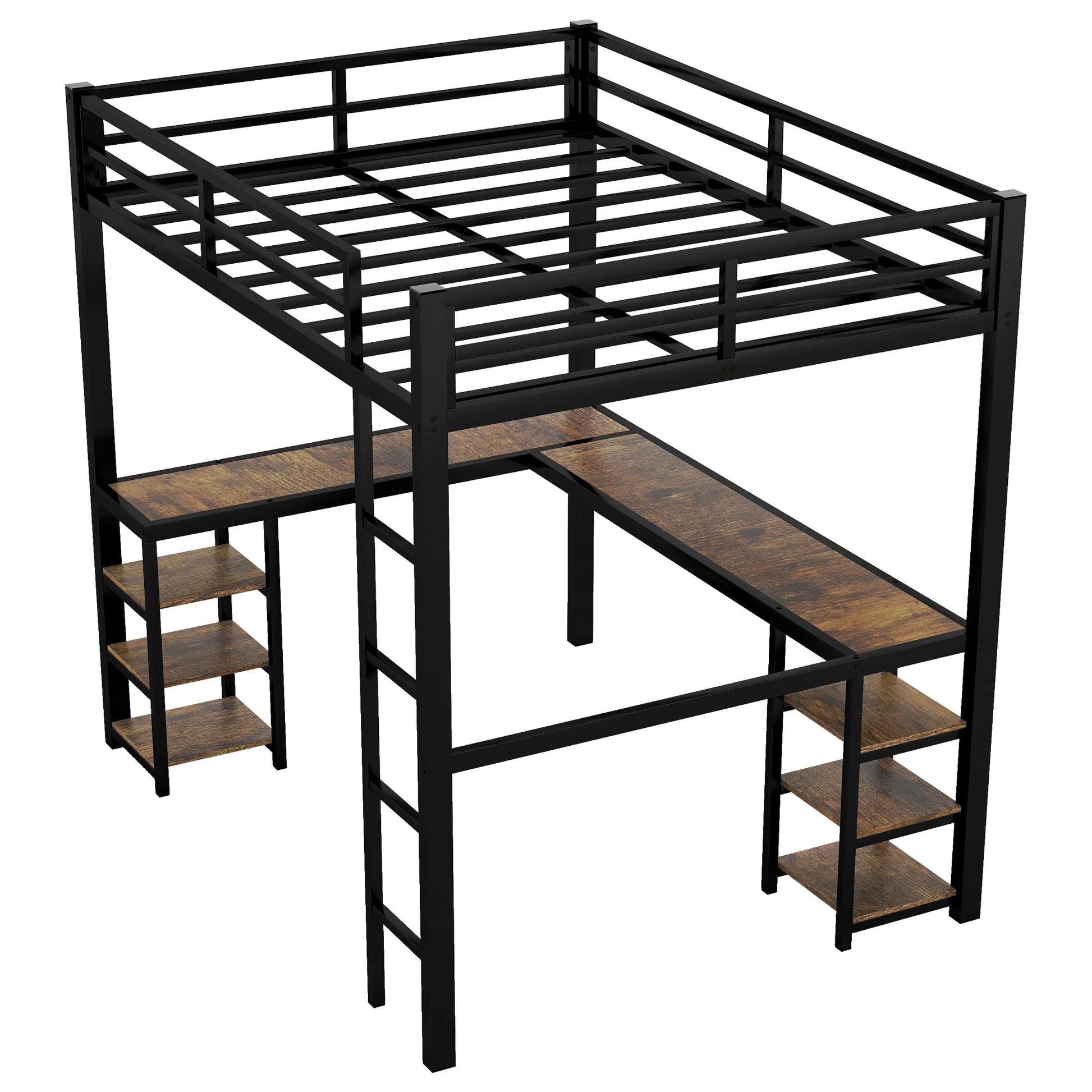 Full Metal Loft Bed with Desk and Shelves, Loft Bed with Ladder and Guardrails, Loft Bed Frame for Bedroom, Black - Korvel