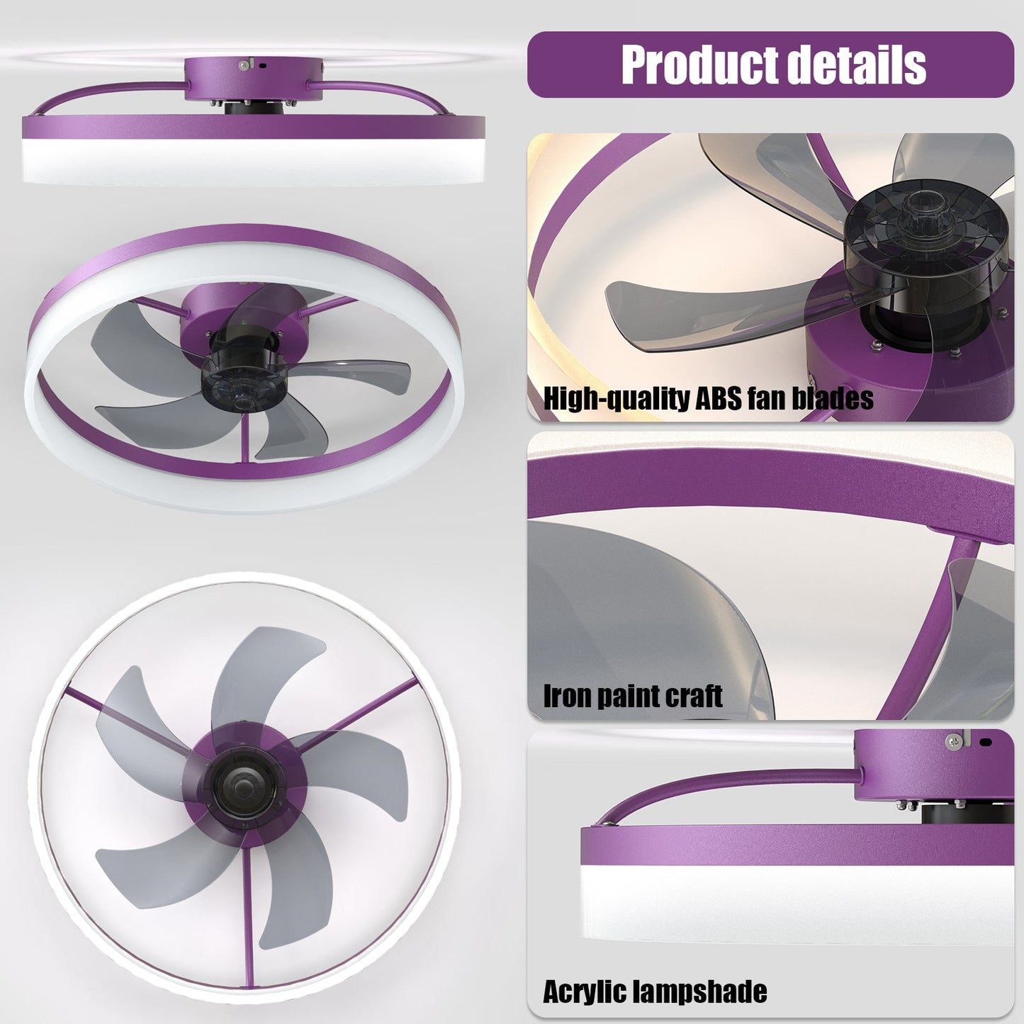 Dimmable LED Ceiling Fan with Modern Design in Purple
