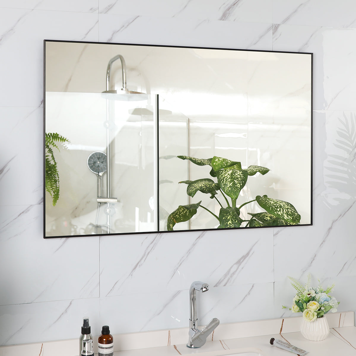 36x24 inch modern black bathroom mirror with aluminum frame decorative wall mirror suitable for living room, bedroom - Korvel