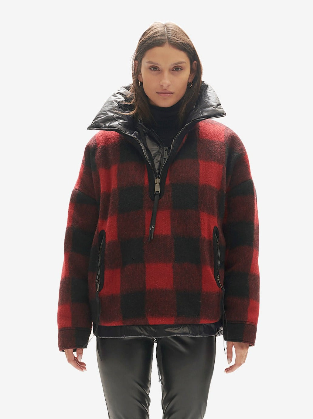 Doudoune réversible en laine à demi-zip - Plaid noir